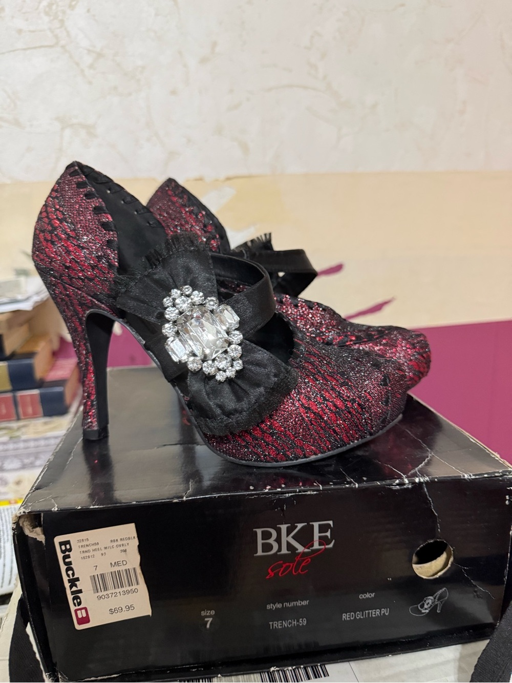 Buckle Red Glitter Lace Mary Jane Heels with Black Bow and Crystal Accent